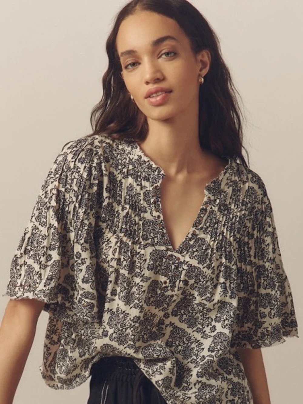 Anthropologie Black & Ivory Floral Print V-Neck Flutter Sleeve Blouse Boho 1X